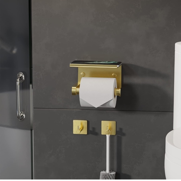 NIB Tindbea gold toilet paper holder with phone shelf and towel rope hooks - Picture 6 of 11